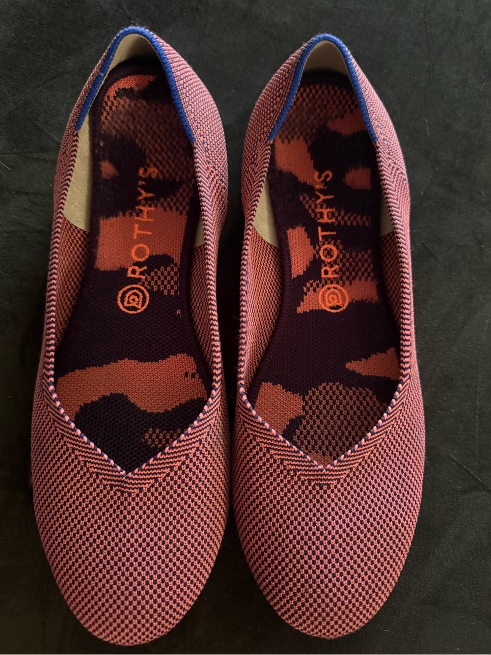Rothy's Pink with Blue Knit Round-Toe Flats with Navy Print Insole